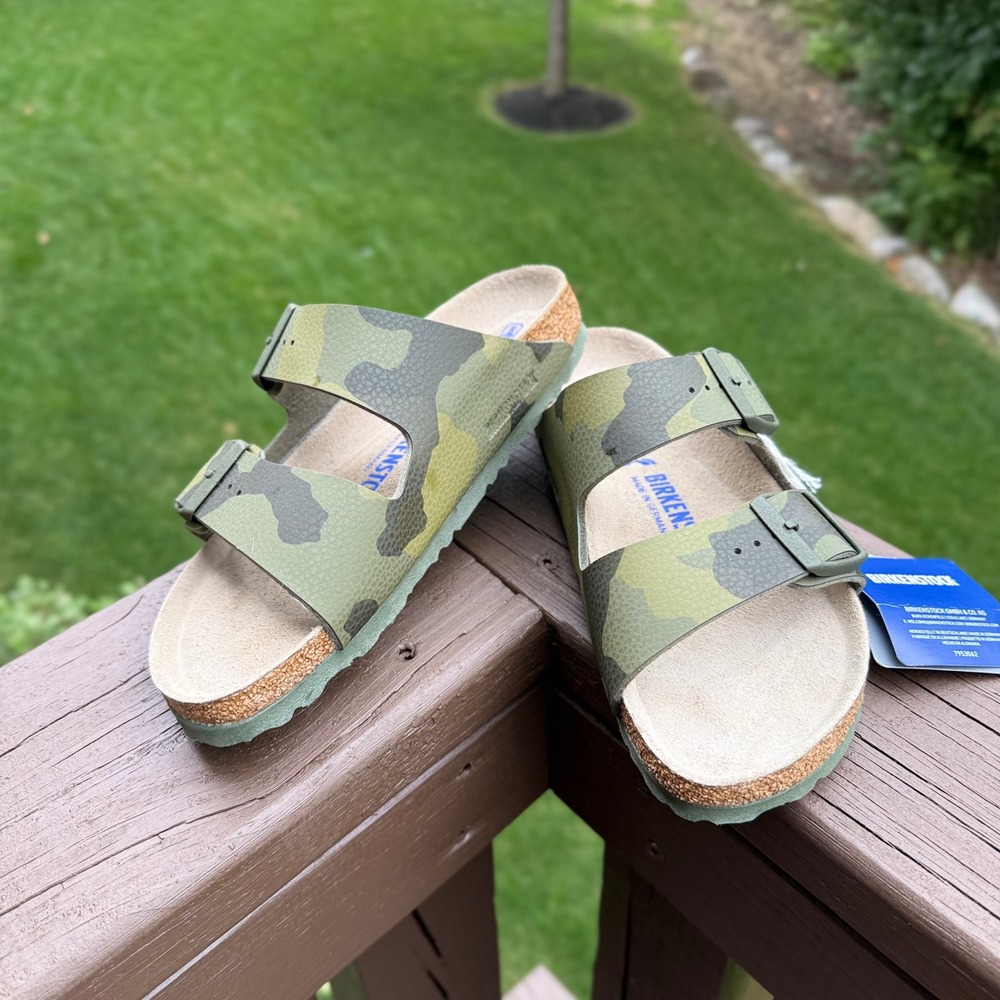 Birkenstock Arizona Sandals Women 38 Green Camo New Soft Footbed Slide Buckle